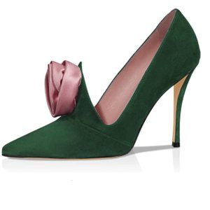 XYD Green Dress Suede Pointed Toe High Heels Stilettos Rose Flower Pumps